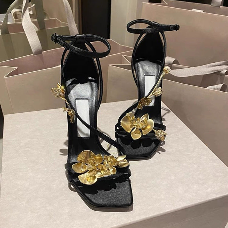 European And American New Open Toe Square Toe Metal Flower Decorative Flower High-grade Silk High Heel Stiletto Heel Rhinestone Sandals With Buckle