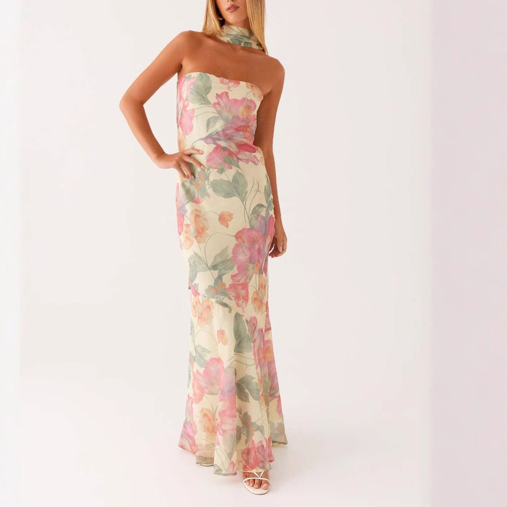Cross-border Europe And The United States Amazon 2025 Spring And Summer New Temperament Socialite Satin Backless Strapless Digital Printing Dress