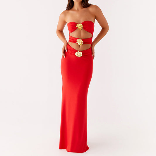 2025 Summer New European And American Women's Sexy Hollow Dress Collar Metal Flower Hot Girl Slim Dress