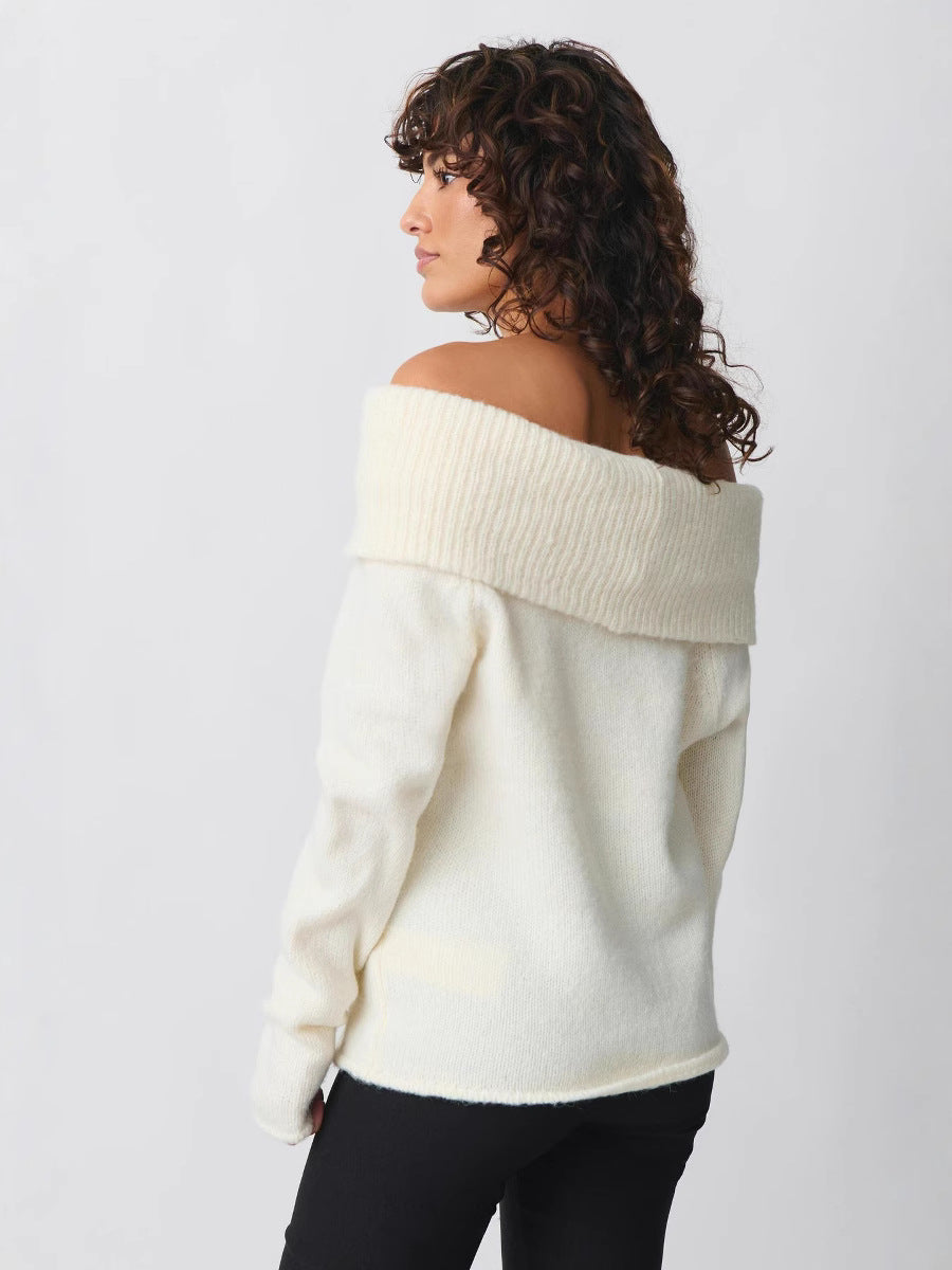 Autumn And Winter New Solid Color Sexy Slim All-match Sweet Top Shoulder Lapel Inner Base Top Sweater