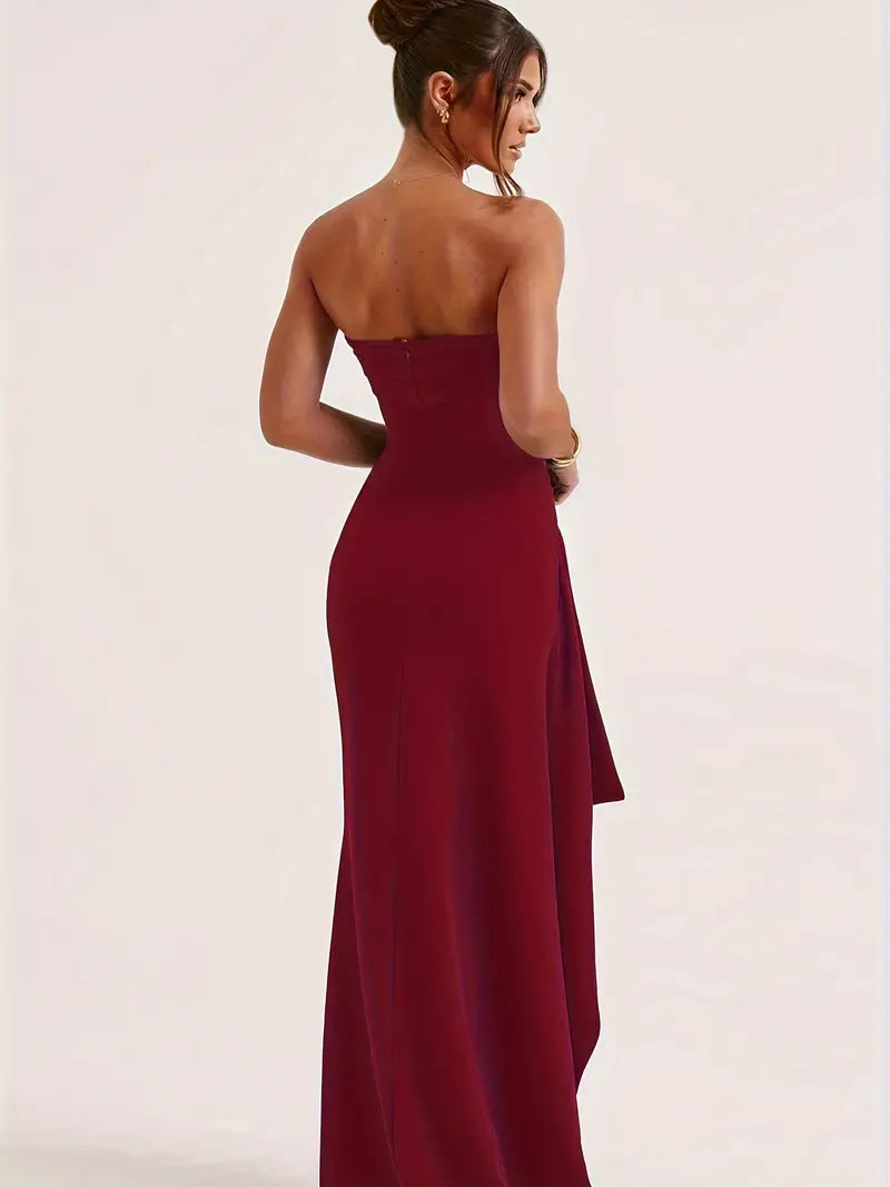 Robe Longue Bustier à Fente Haute Bordeaux