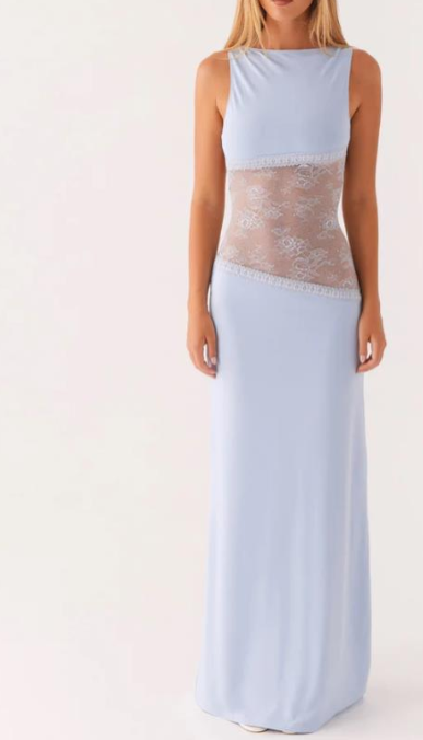 Robe longue dos nu à empiècement transparent