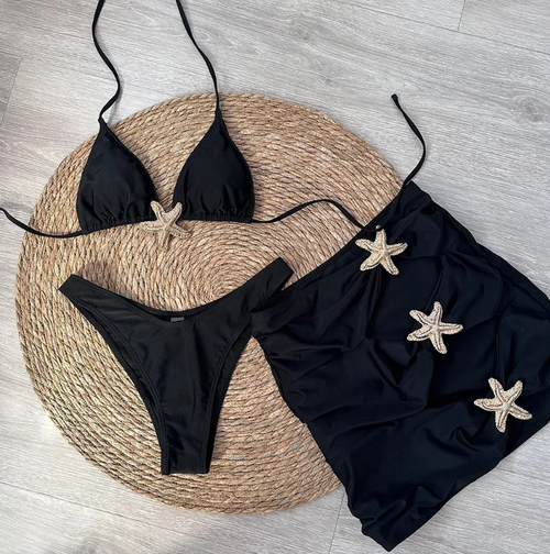 Ensemble Bikini 3 Pièces Femme – Style Vacances 2025, Maillot avec Jupe et Boucles Étoilées Métalliques