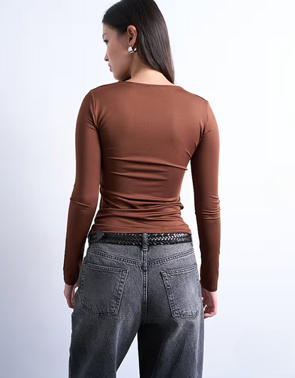 Tops à longues manches marron et beige