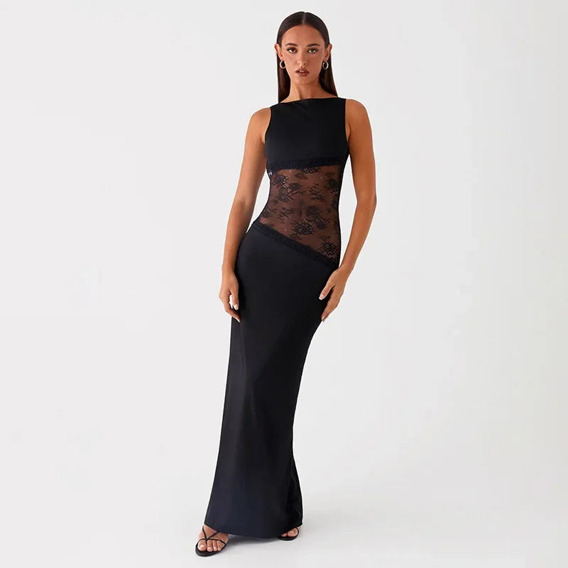 Robe longue dos nu à empiècement transparent