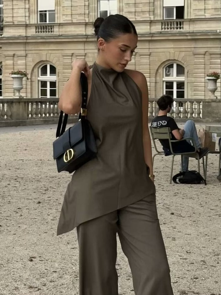 European And American Cross-border Wholesale Amazon Women's Hanging Collar Minimalist Top + Mid-waist Loose Trousers B88651