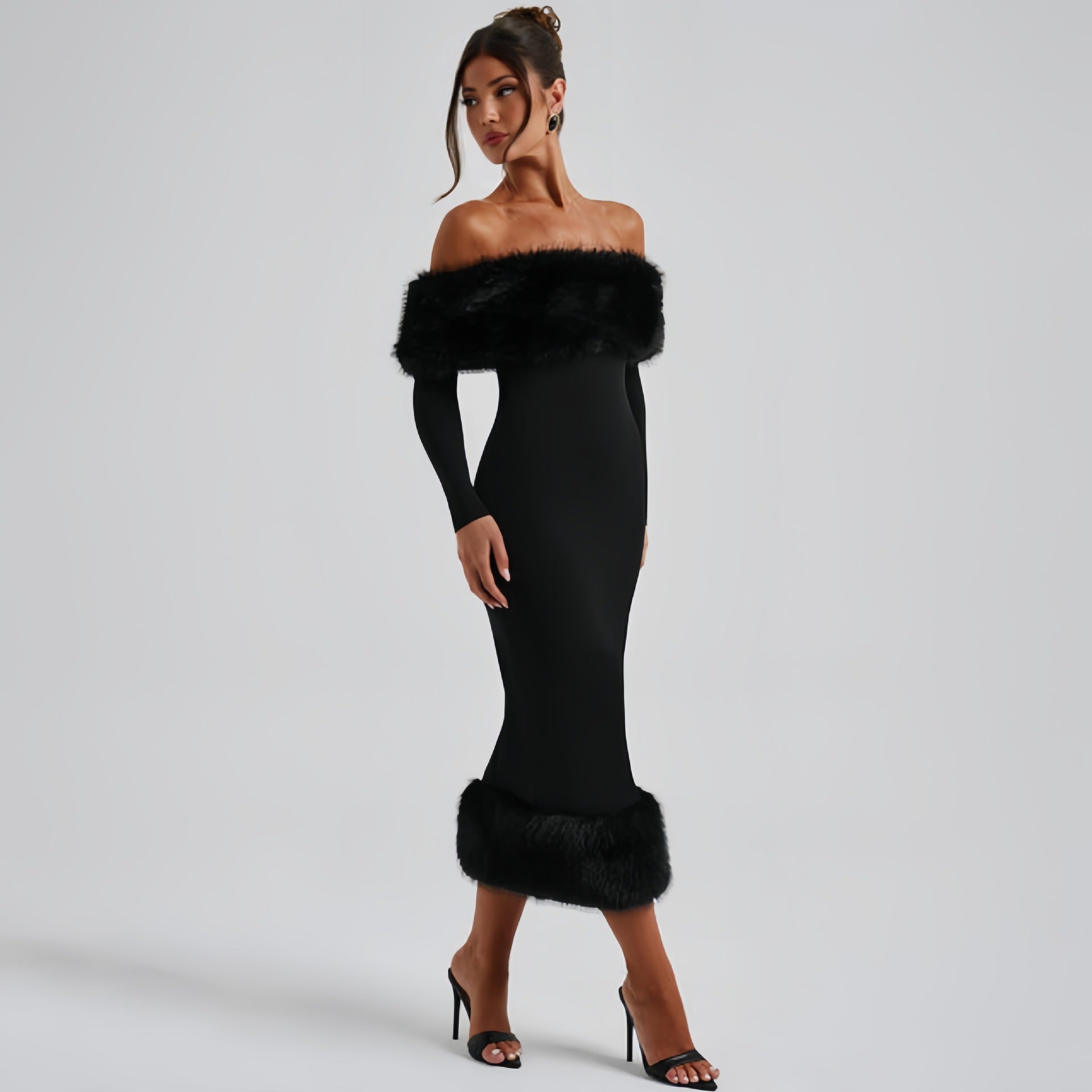 European And American Style Women's Clothing 2025 Autumn And Winter New Fashion Fur Collar Off-Shoulder Long-Sleeve Elegant Slim Evening Dress