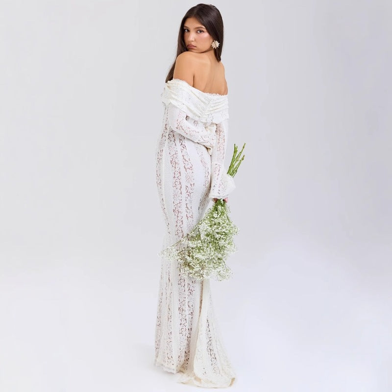 Robe Longue Épaules Dénudées en Dentelle