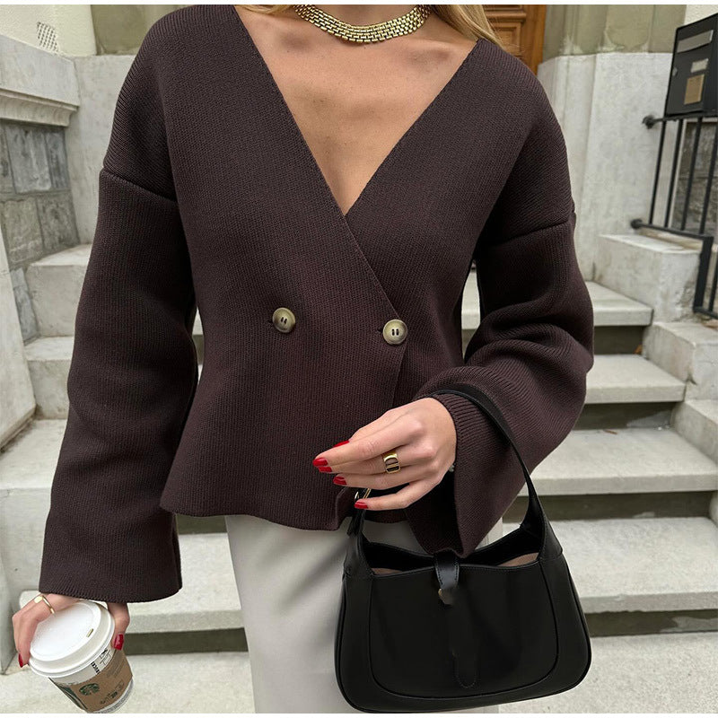 Real Shot-solid Color Long Sleeve Knitted Cardigan Europe And The United States Cross-border V-neck Short Waist Knitted Cardigan Long Sleeve Sweater Jacket