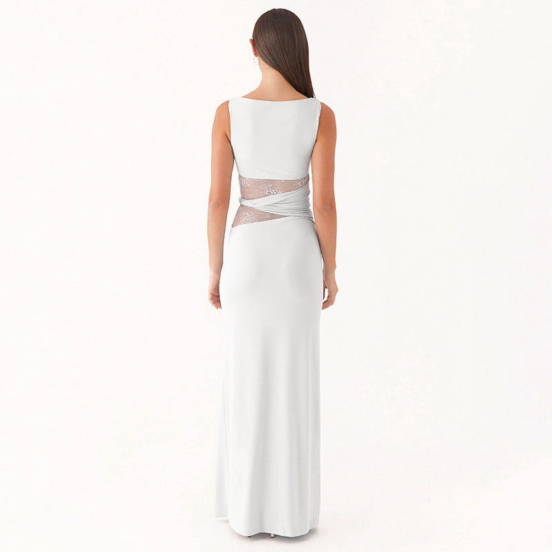 Sanhu Lianjiang G24DS341 European And American Women's Solid Color Translucent Hollow Lace Twisted Belt Dress Wholesale