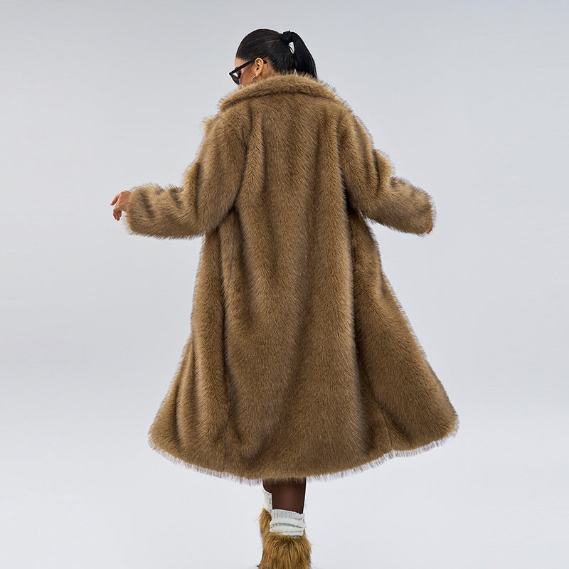 European And American Women's Long Faux Fur Suit Collar Coat Cross-border Hot Selling Faux Fur Faux Fur Coat For Autumn And Winter