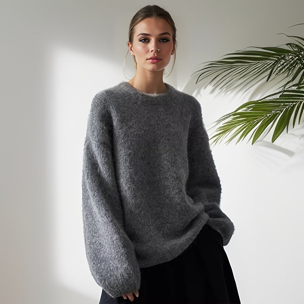 European And American Cross-border Autumn And Winter New Style Mauhair Knitted Loose Sweater Thickened Plus Size Lazy Style Women's Round Neck Pullover