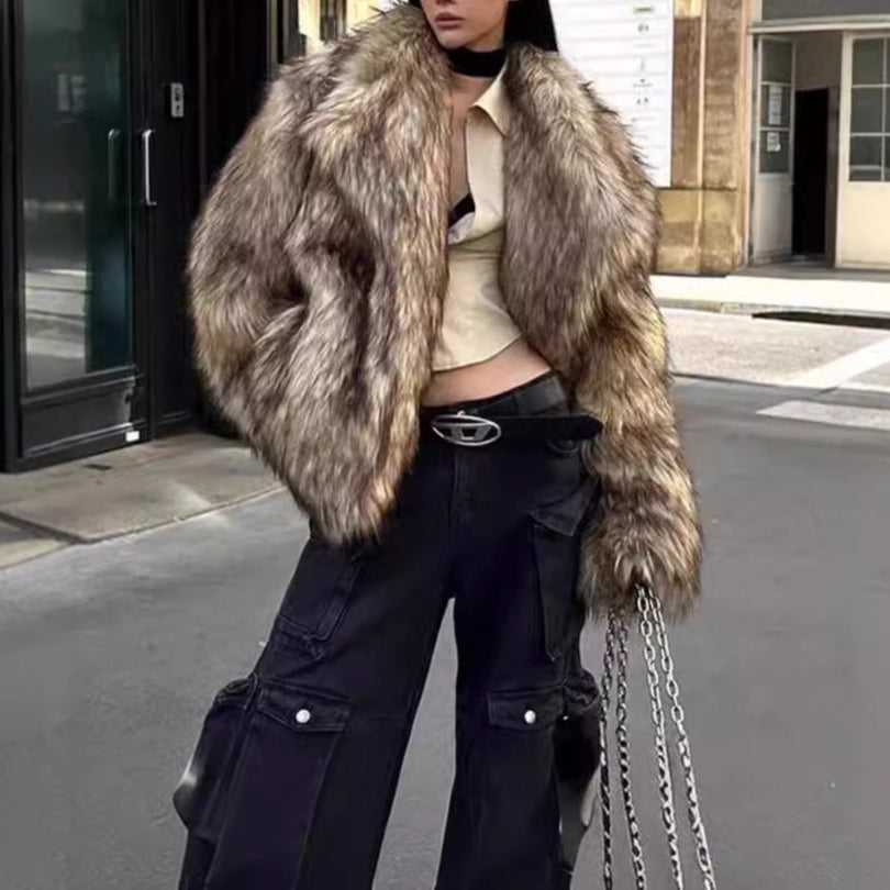 Women's Imitation Fur Coat Imitation Raccoon Fur Coat Lapel Environmentally Friendly Fur Warm Fur Coat European And American Casual