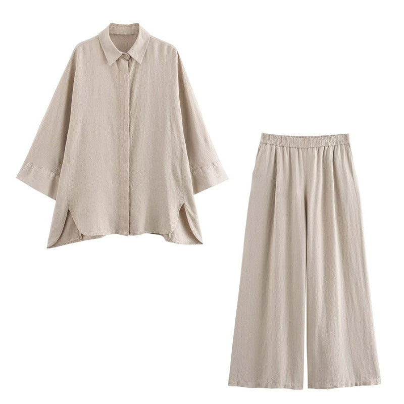 Foreign Trade List! Spring New Casual Thin Loose Linen Shirt Elastic Straight Trousers Suit 2157045