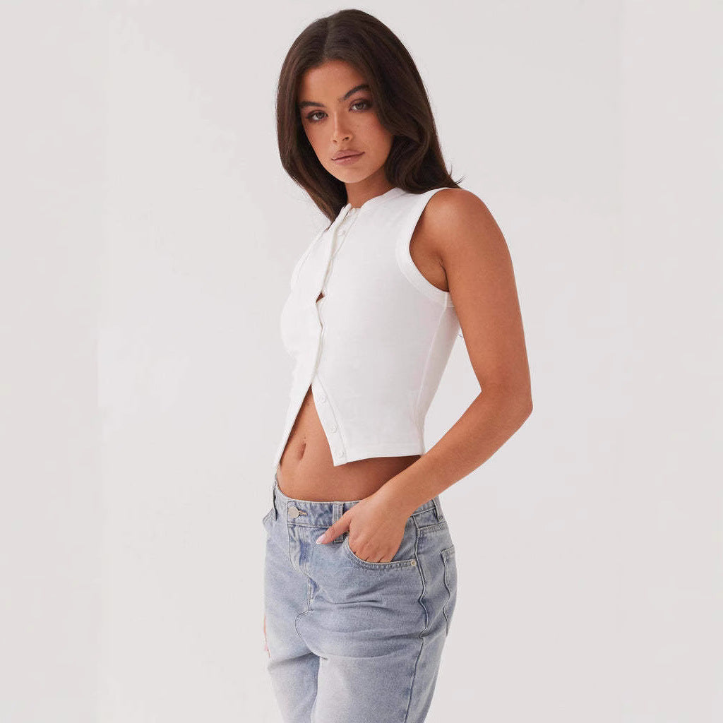 European And American Cross-border Women's Clothing 2025 Amazon TK Summer Y2K Slim-fit Spice Girls Sleeveless Round Neck Threaded Button Vest