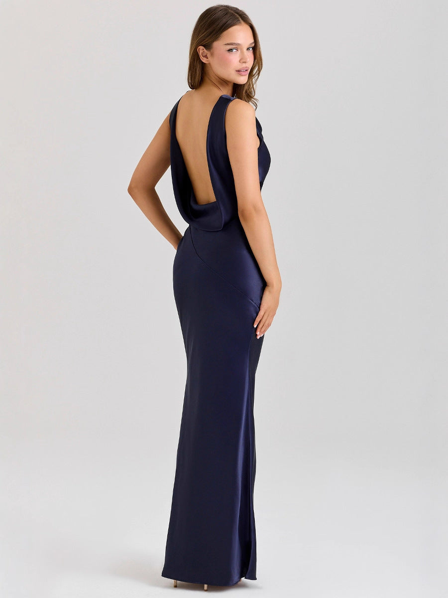 2025 European And American New Elegant Sleeveless Off-Shoulder Tight Long Pure Color Elegant High-End Satin Slim Dress