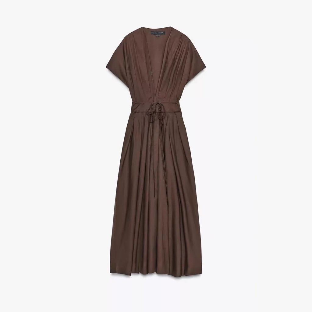 Zr Women's European And American Style 2025 Summer New Product Intellectual Style Deep V Neck Waist Pleated Midi Dress