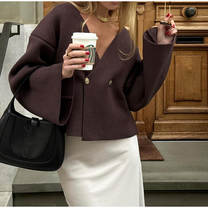 Real Shot-solid Color Long Sleeve Knitted Cardigan Europe And The United States Cross-border V-neck Short Waist Knitted Cardigan Long Sleeve Sweater Jacket