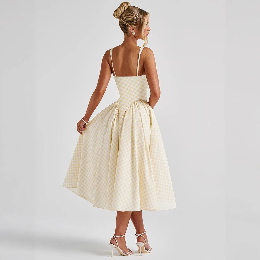 Fashion French Fresh European And American New Plaid Print Waist-Cinching Princess Dress Sexy Backless Strap Dress Women's Clothing