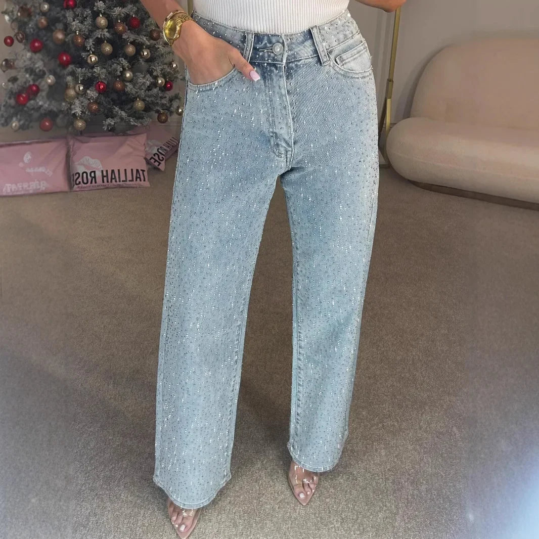 Foreign Trade Europe And America Amazon Women's Wear Full Diamond Washed Jeans Women's High-grade High Waist Straight Pants Spice Girls Pants