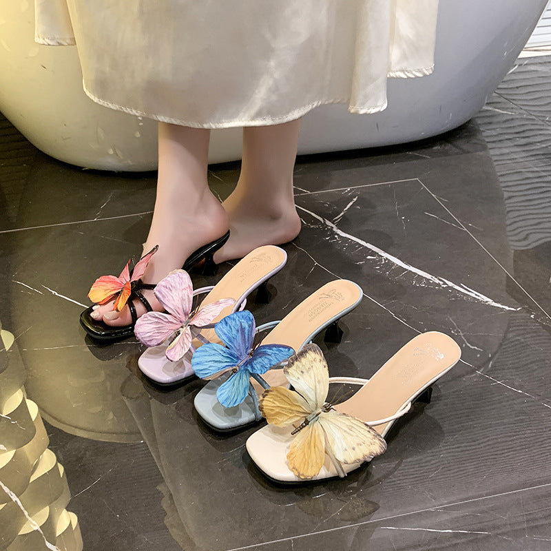 Open Toe Slippers Women Sexy Butterfly High Heels 2025 Summer New Fairy Style Dress Outer Wear Sandals Mid-Heel