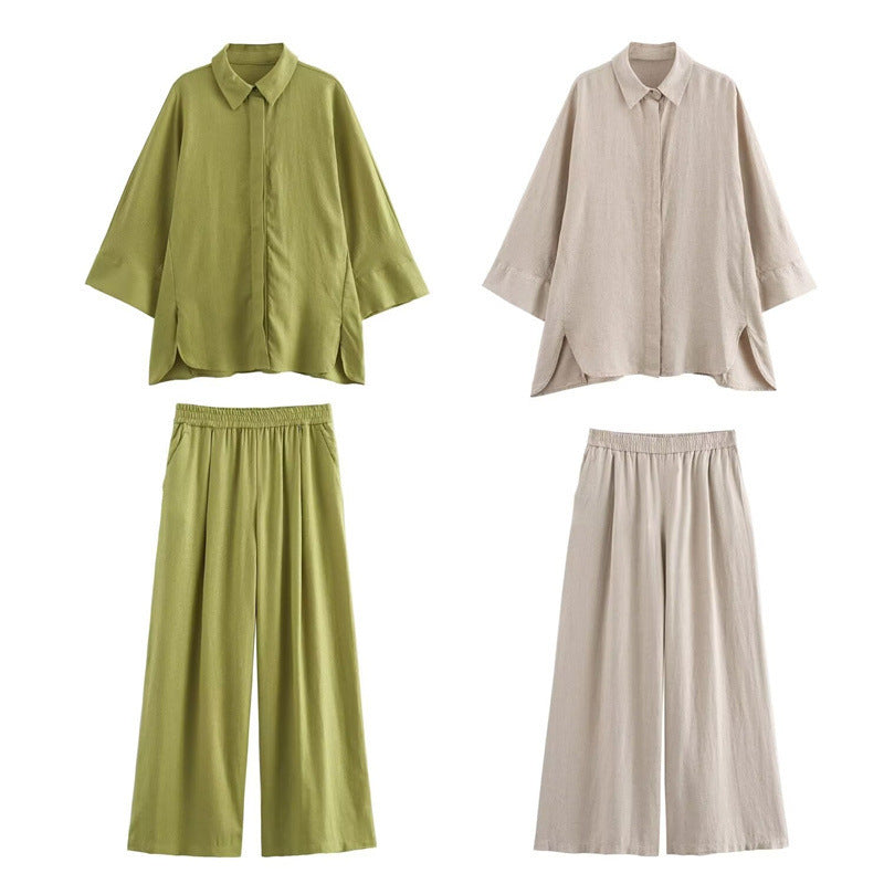 Foreign Trade List! Spring New Casual Thin Loose Linen Shirt Elastic Straight Trousers Suit 2157045