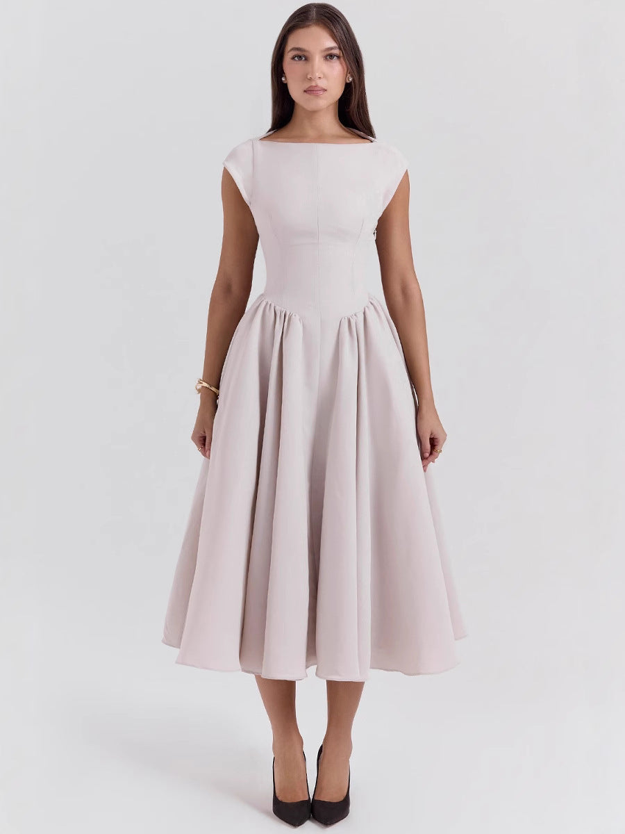 2025 European And American Spring And Summer Backless Round Neck Sleeveless Vessel Skirt Women's French Niche Mid-length Dress Solid Color Cross-border