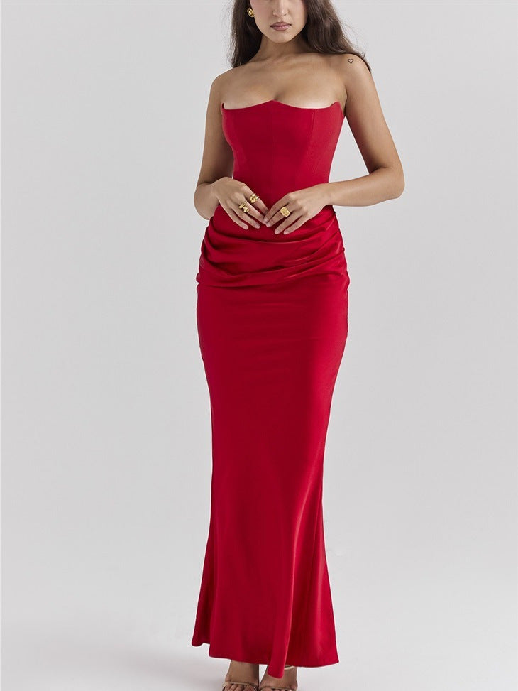 European And American Ins Cross-border New Multi-color Waist Tube Chest Off-shoulder Fishbone Pleated Long Hip Conjoined Dress