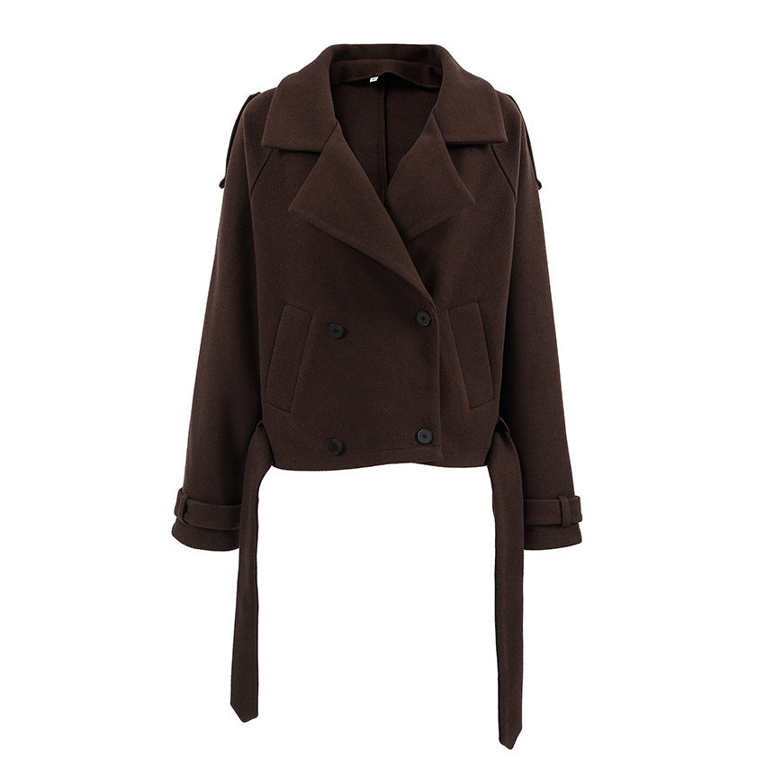Autumn And Winter French Brown Woolen Coat Women's Commuter Fashion Thickened Double-breasted Woolen Coat Jacket Loose Women's Clothing