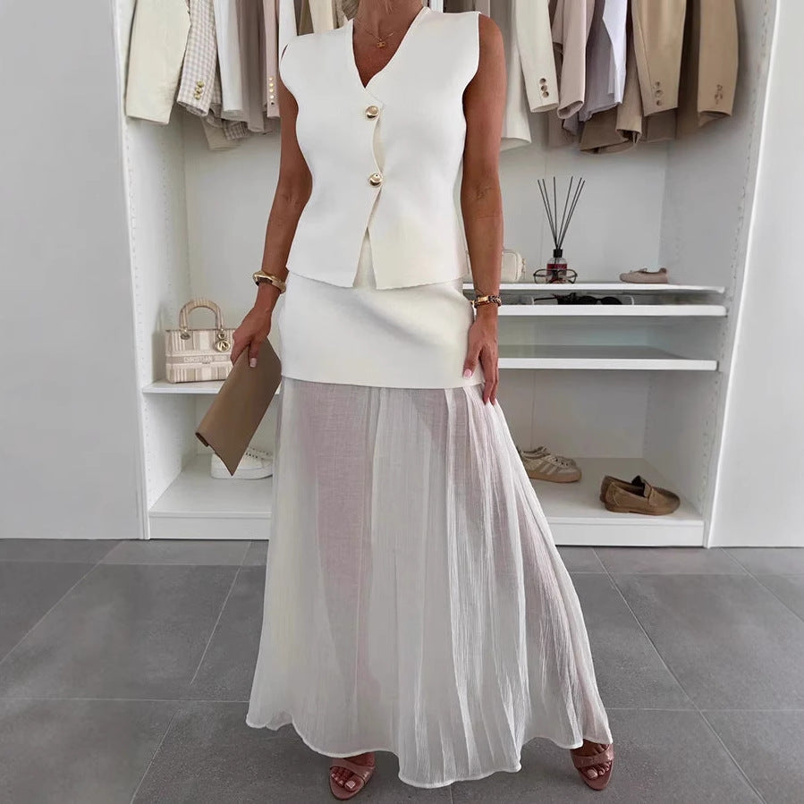 Cross-border 2025 Summer Women's Elegant Slim-fit Knitted Vest Top Tulle Stitching Pleated Long Dress Fashion Suit