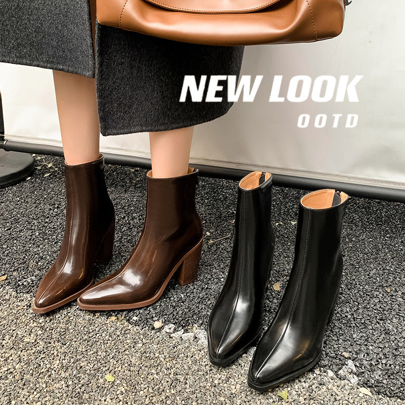 Vintage High Heel Ankle Boots Elegant Square Toe Thick Heel Chelsea Boots British Style Leather Ankle Boots Rear Zipper Skinny Boots For Women