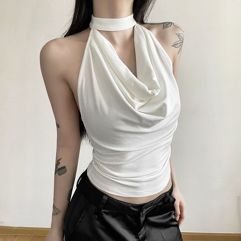 French Style Pure Desire Pleated Collar Halter Camisole Women's Summer New Backless Slim-fit All-match Short Top