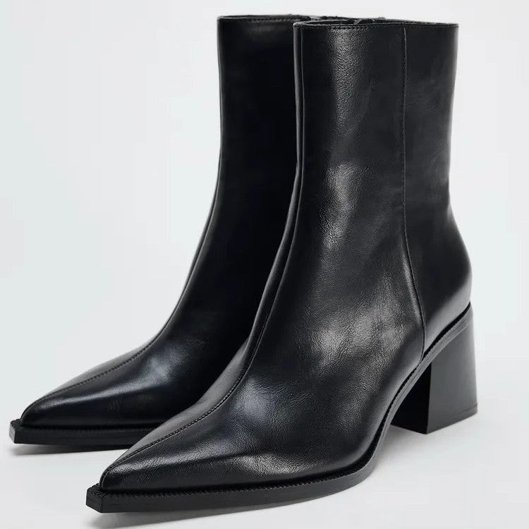 Za2025 Autumn And Winter New Style British Pointed Toe Short Boots Casual Chelsea Boots Comfortable Side Zipper Martin Boots Thick Heel Women