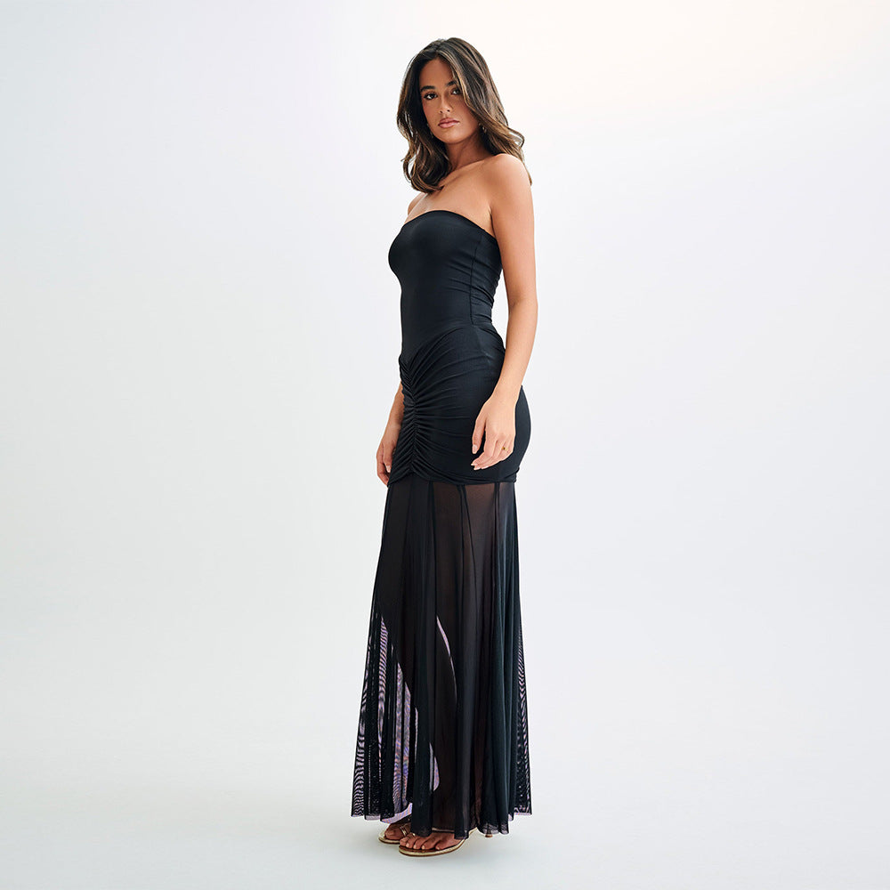 Robe Longue Épaules Dénudées – Élégance Sculpturale & Tulle Subtil
