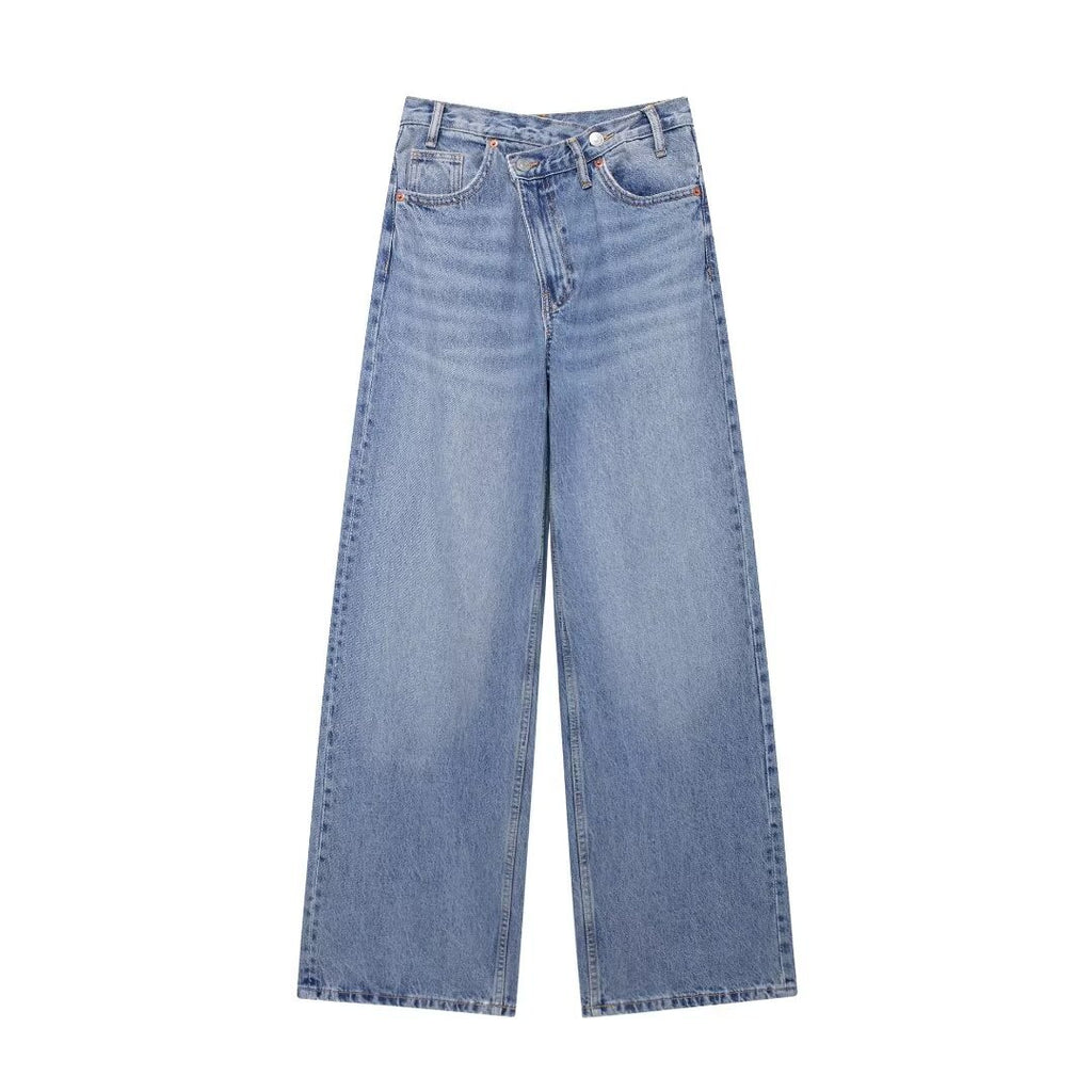 European And American Cross-border Women's Clothing Wholesale Women's Double-breasted Trousers Waist High Waist Wide Leg Jeans