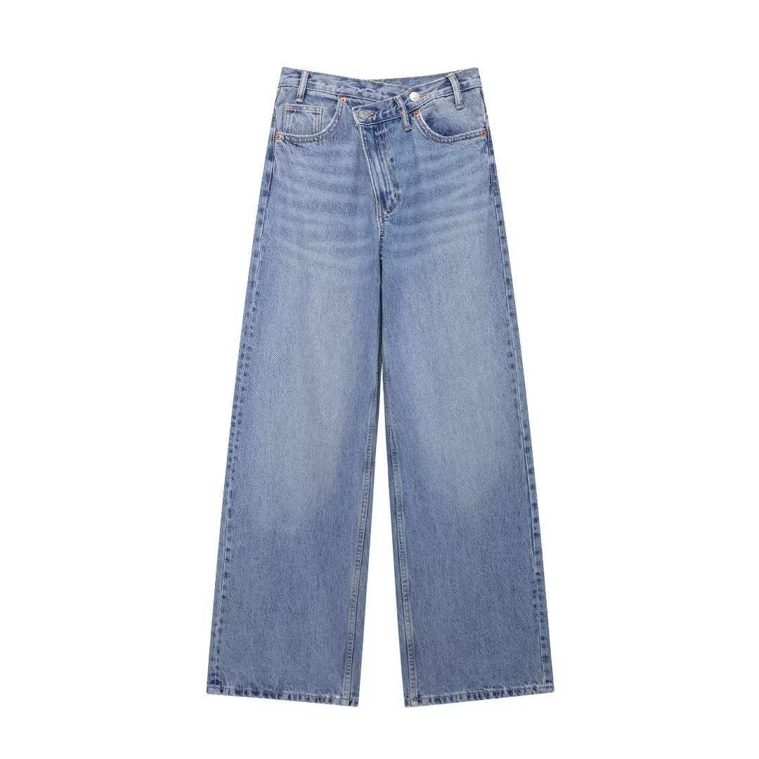 European And American Cross-border Women's Clothing Wholesale Women's Double-breasted Trousers Waist High Waist Wide Leg Jeans