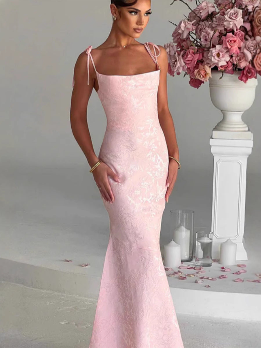 Solid Color Elegant Lace-up Sleeveless Skirt Women's 2025 Summer New Style Distinctive Backless Waist Hip Fishtail Long Dress