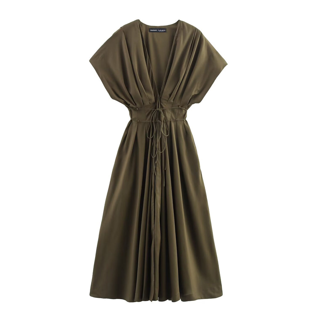Zr Women's European And American Style 2025 Summer New Product Intellectual Style Deep V Neck Waist Pleated Midi Dress