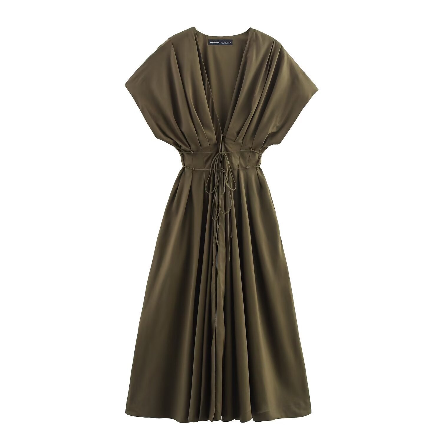 Zr Women's European And American Style 2025 Summer New Product Intellectual Style Deep V Neck Waist Pleated Midi Dress