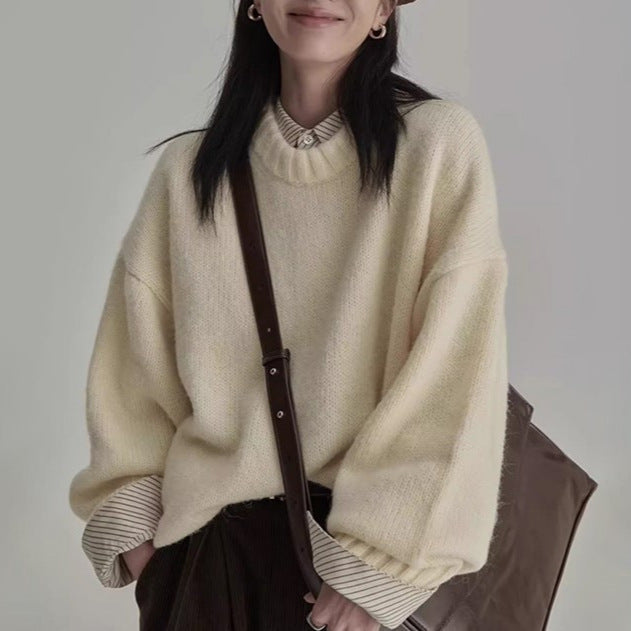 Japanese Style Retro Gray Knitwear Women's Winter Round Neck Loose Lazy Style Outer Wear Inner Layering Knitwear Thick Top