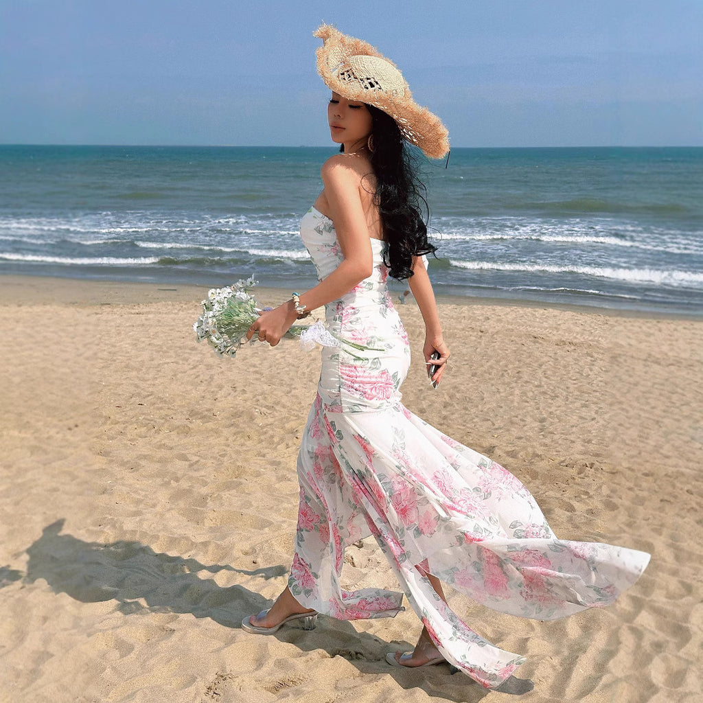 Tea Break Pastoral Style Gentle Floral Mesh Irregular Strapless Long Skirt Pleated Waist Design Sense Hip Wrap Dress