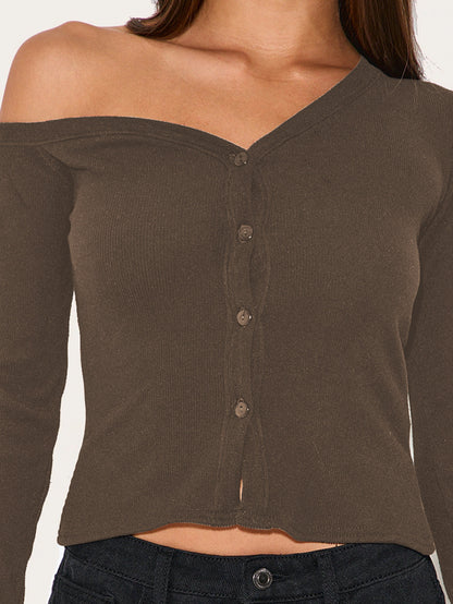 2025 Autum Export Hot-Selling Women's Slanted Shoulder Long-Sleeved Button Knitted Cardigan T-Shirt Y2K Sexy Style Slim Top