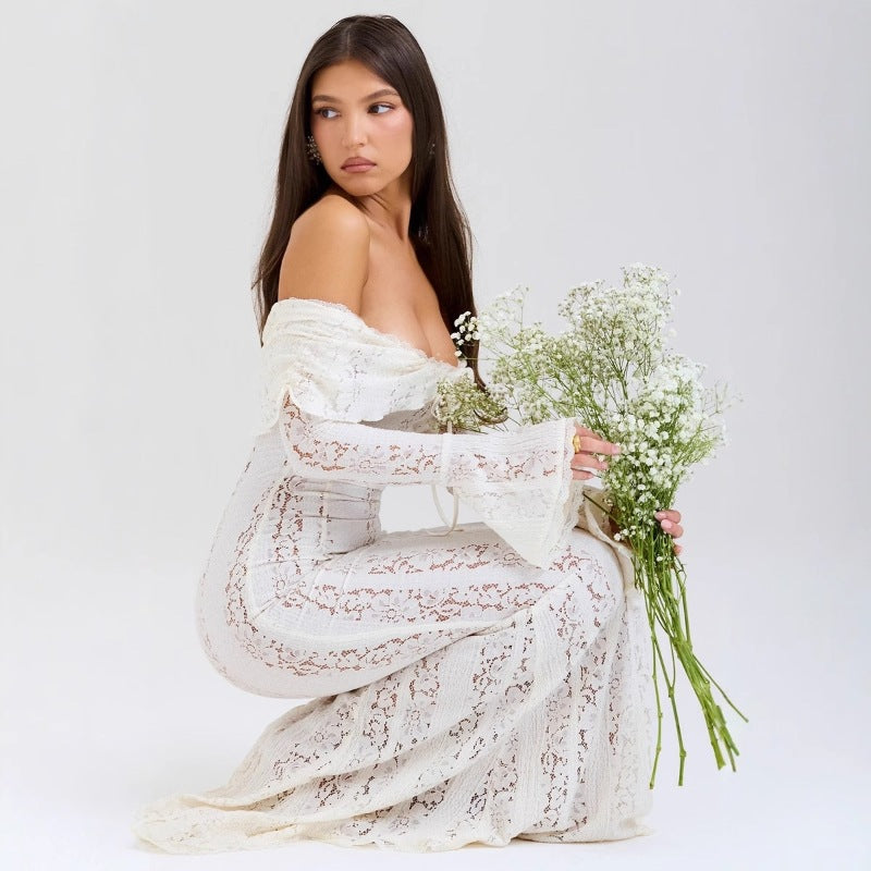 Robe Longue Épaules Dénudées en Dentelle