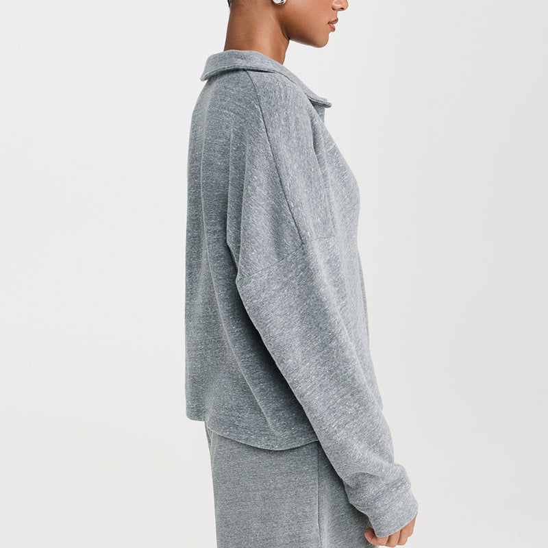 Cross-Border European And American Pullover Pure Color V Neck Loose Long-Sleeved Pullover Outdoor Fitness Shorts Casual Sports Suit For Women