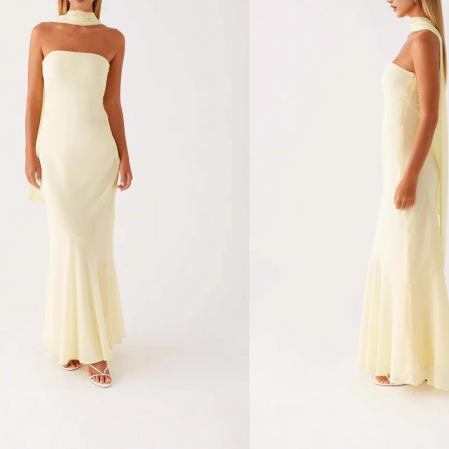 Cross-border Europe And The United States Amazon 2025 Spring And Summer New Temperament Socialite Satin Backless Strapless Digital Printing Dress