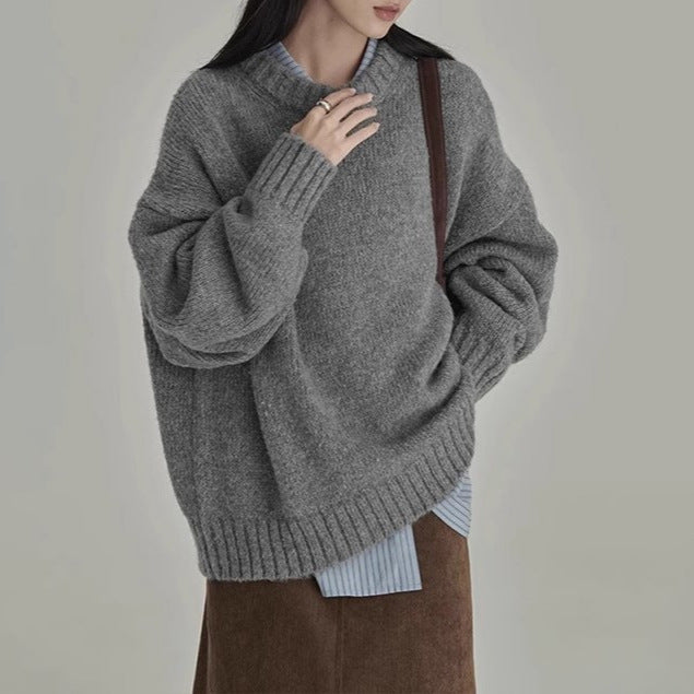 Japanese Style Retro Gray Knitwear Women's Winter Round Neck Loose Lazy Style Outer Wear Inner Layering Knitwear Thick Top