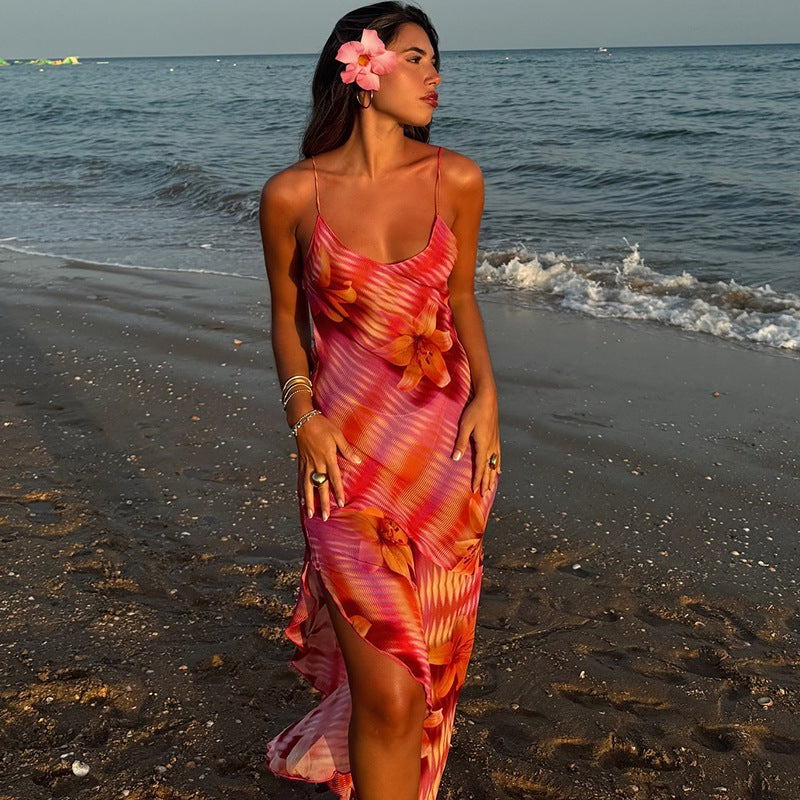 European And American Style Sexy Strap Dress Printed Wrapped Chest Sleeveless Pullover Strap Beautiful Back Split Mid-Waist Irregular Skirt