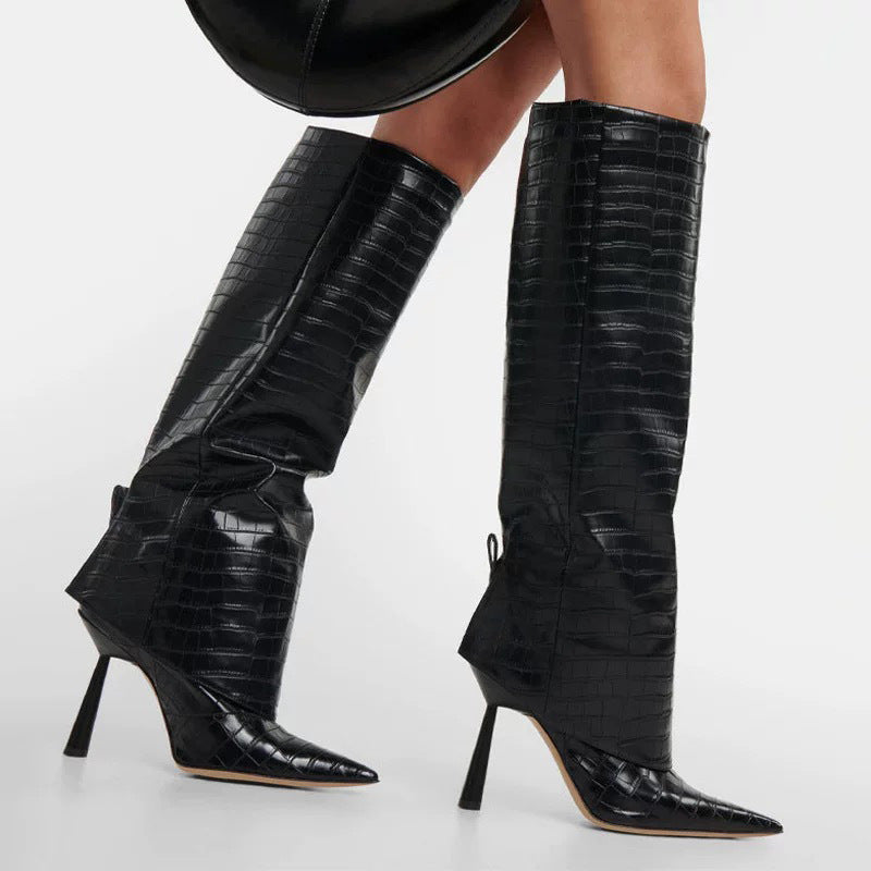 European And American Fashion Foreign Trade Large Barrel Crocodile Pattern Straight Barrel Women's Boots Pointed Heel Stone Pattern High Boots Children