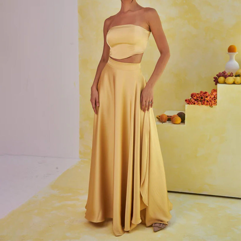 2025 European And American Foreign Trade Cross-border Summer Strapless Sexy Top High Waist Skirt Light Luxury Dress Suit Women's Dress