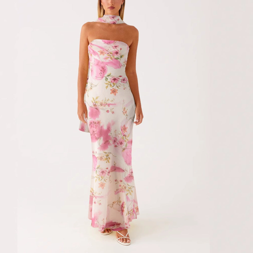 Cross-border Europe And The United States Amazon 2025 Spring And Summer New Temperament Socialite Satin Backless Strapless Digital Printing Dress